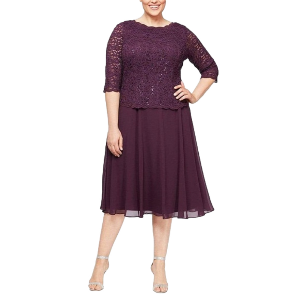 Alex Evenings Deep Plum Faux Two-Piece Knee Length Cocktail Dress Size 24W NWT